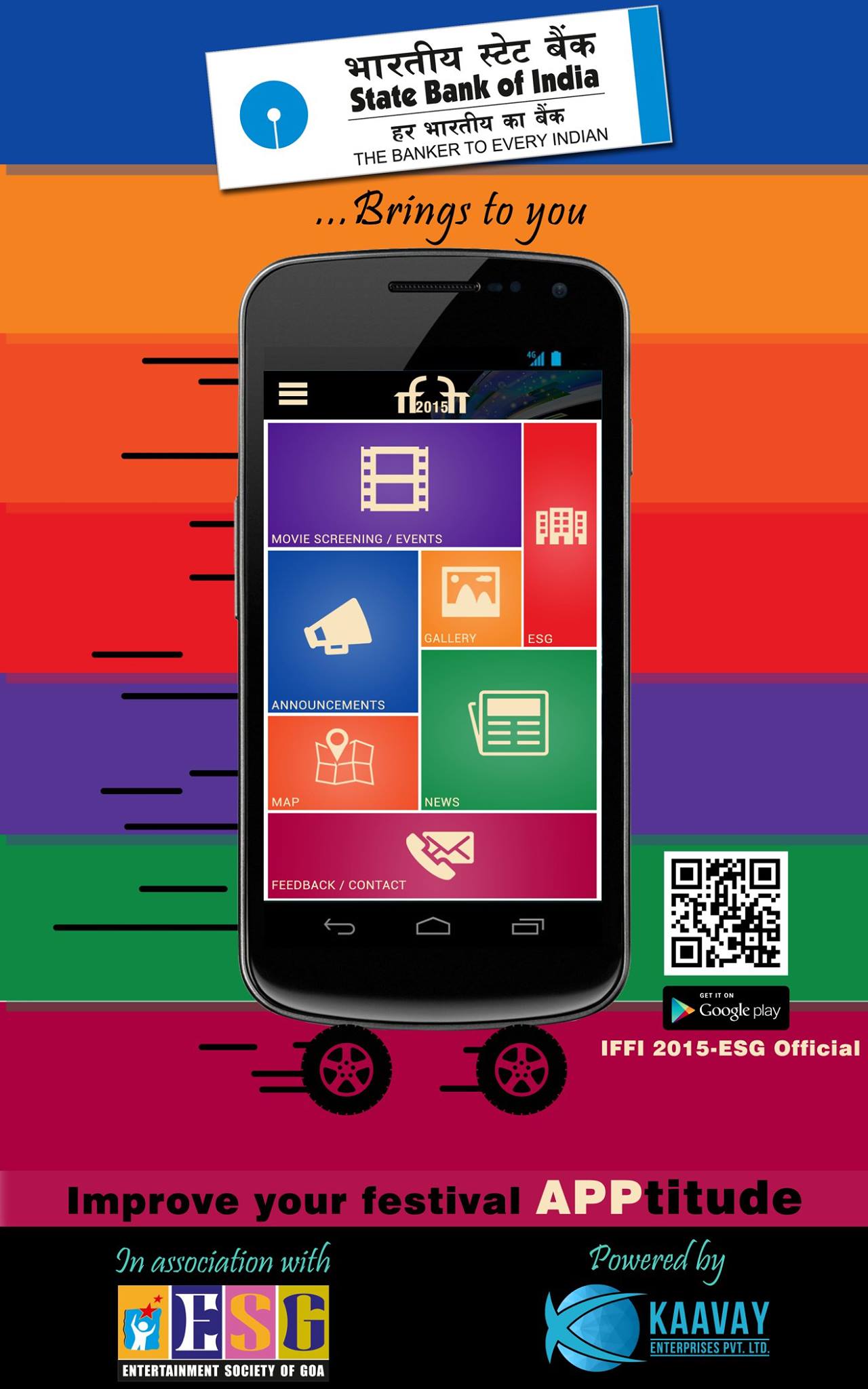 The IFFI aims at providing a common platform for the cinemas of the world to project the excellence of the film art; contributing to the understanding and appreciation of film cultures of different nations in the context of their social and cultural ethos; and promoting friendship and cooperation among people of the world.The IFFI’s founding principles centre on discovery, promotion and support of filmmaking of all genres – thus bringing together the diversity of the forms, aesthetics and contents.The Festival is an assembly of people and nations where the world’s greatest film artistes hold hands with emerging talents on an equal footing. It is also a forum for film professionals to communicate face to face with film lovers around the world.
IFFI aims to nurture, encourage and inspire Indian cinema and introduce it to the world outside as well as the many audiences that coexist in this vast and diverse country. With rapid technology changes, the importance of this festival will only grow as it will bring viewers and filmmakers together and expose them to emerging technologies and the challenge of the emerging new media.New interactions are envisaged; new strategies would be formulated so that with each edition of the IFFI, the viewing experience is enhanced, enlarged and enriched.Work done for Entertainment Society of Goa during the International Film Festival of India (IFFI), 2015.Entertainment Society of Goa and Kaavay have launched a mobile app which enables users to get updates on various events organised by ESG; The focus being on IFFI 2015. Click on the following link to download: goo.gl/sFuLbi
IFFI 2015